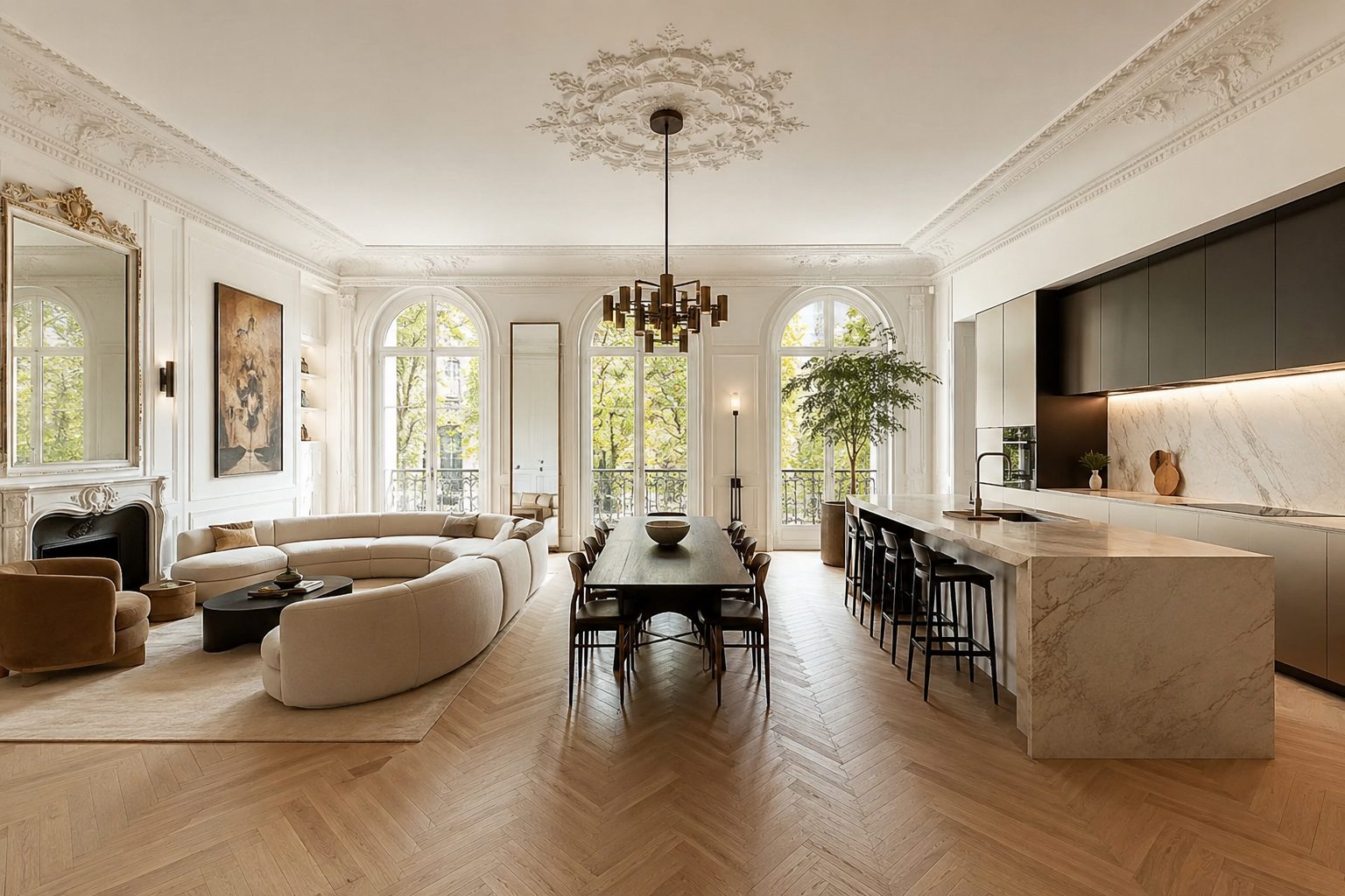 Séjour haussmannien lumineux, parquet point de Hongrie et grandes fenêtres en arche